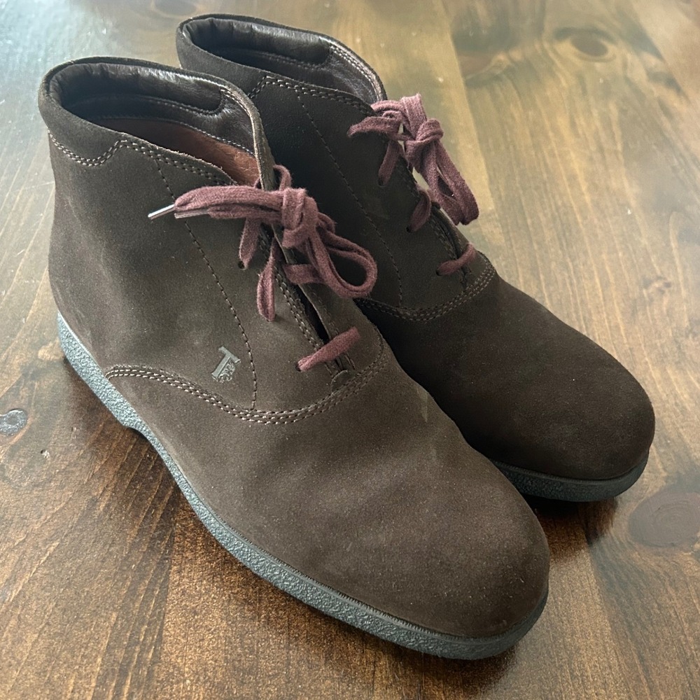 Tod's Chukka Boots Mens 7 Dark Brown Suede Lace Up Italian Leather Desert Luxury